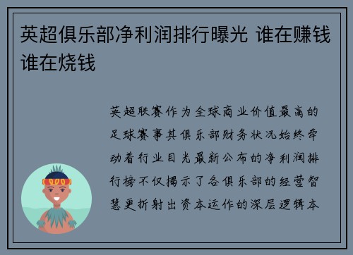 英超俱乐部净利润排行曝光 谁在赚钱谁在烧钱