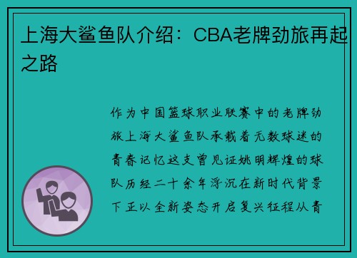 上海大鲨鱼队介绍：CBA老牌劲旅再起之路